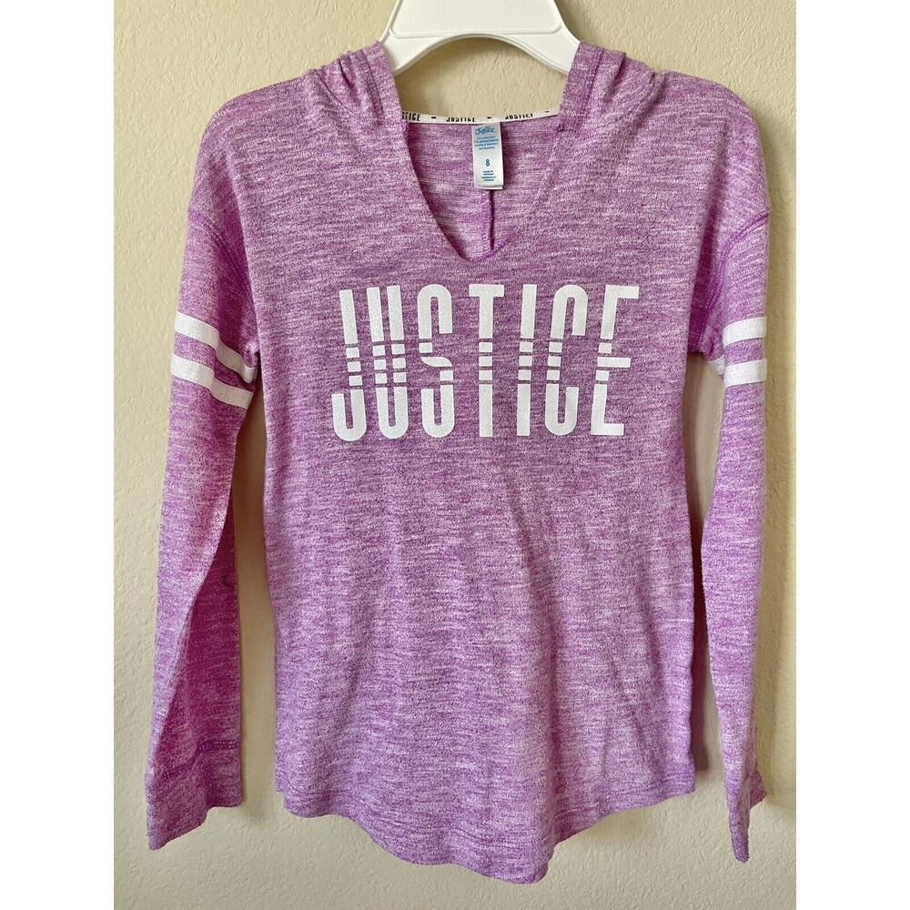 Justice Purple Stripe Trim Sparkle Logo Graphic Girls Pullover Hoodie Top Size 8